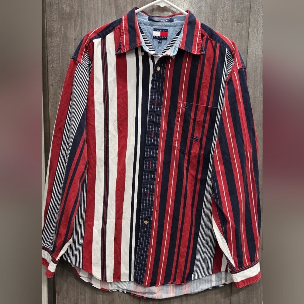Vintage Tommy Hilfiger Men's Long-sleeve Cotton Button-down Striped Shirt